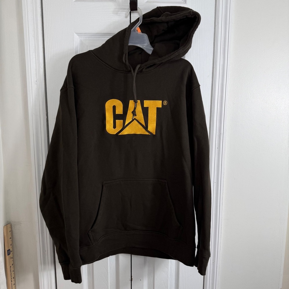 Caterpillar CAT Hoodie XXL Brown Embroidered Logo Gorpcore Workwear Streetwear